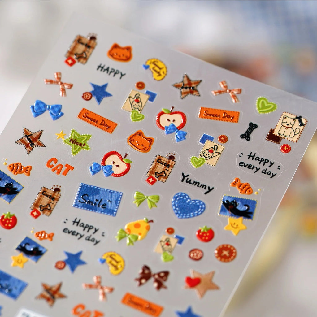Plaid Cat 5D Nail Stickers – Kitty Star Heart Bow Decals 5D Nail Stickers QXL