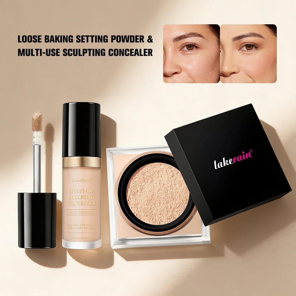Lakerain 2-Pc Concealer & Loose Setting Powder Makeup Set Face Makeup Set QXL