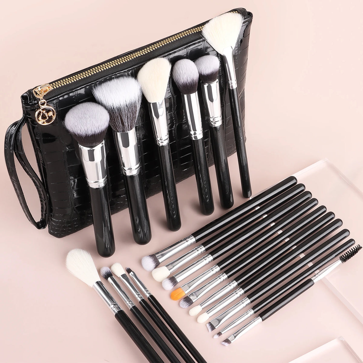 20-Pc Black Makeup Brush Set with Sponge & Croc Bag Makeup Brush Set QXL