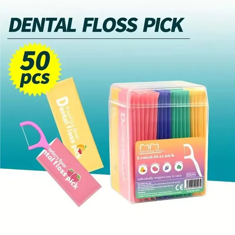 50-Pack Fruit Flavor Disposable Dental Floss Picks – Individually Wrapped Dental Floss Picks QXL