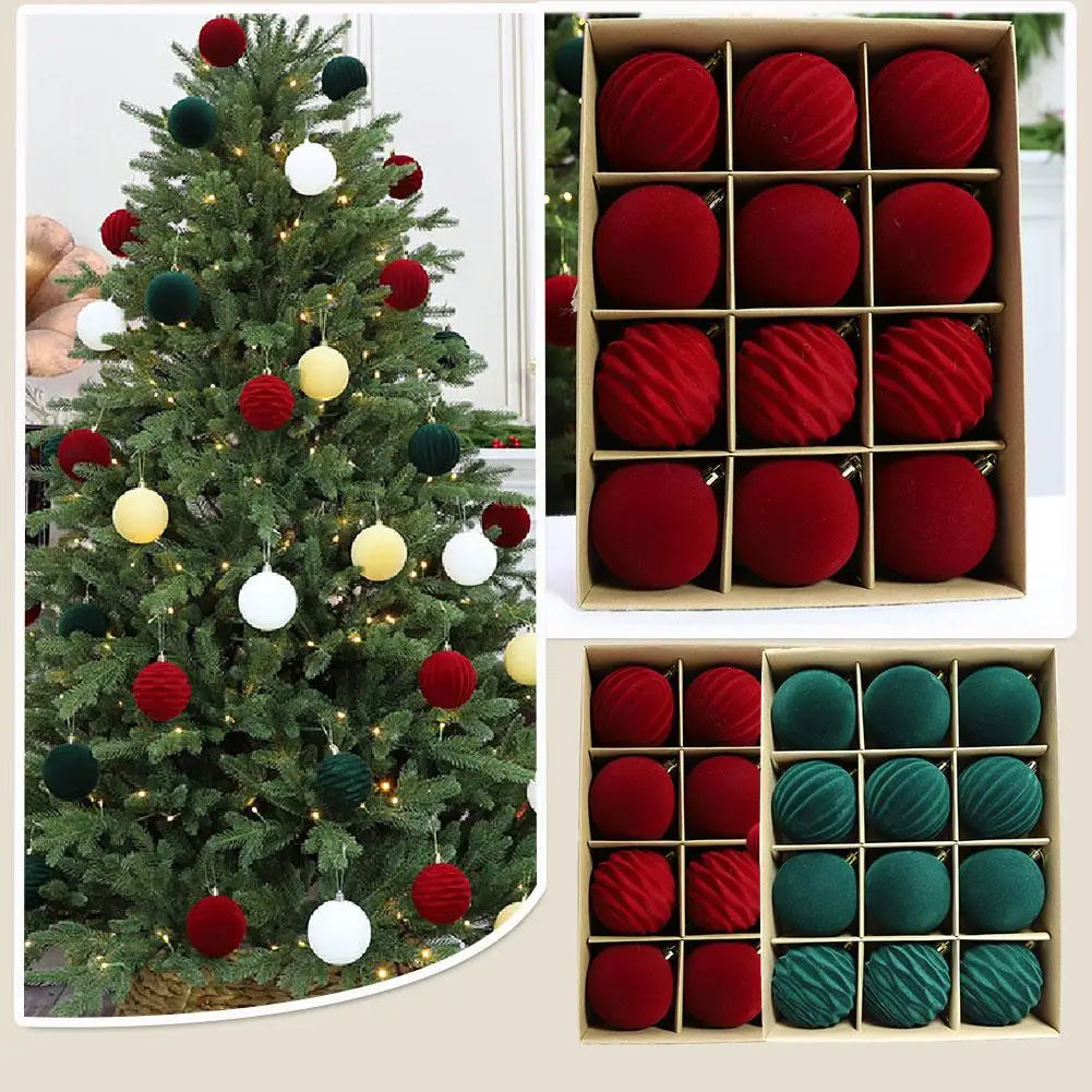12-Pack Flocked Velvet Christmas Ball Ornaments 6cm Red & Green Christmas Tree Ornaments QXL