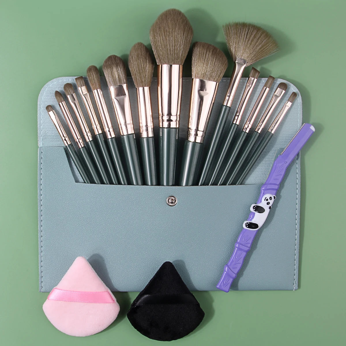 18-Pc Green Makeup Brush Set with Bag, Puffs & Razor Makeup Brush Set QXL