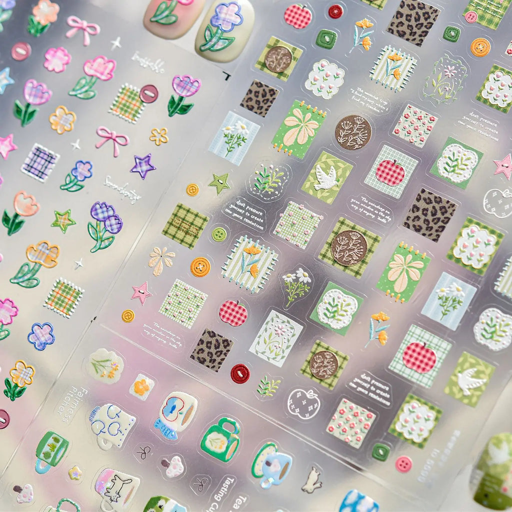 5D Embossed Spring Nail Stickers – Tea Cup & Floral Designs Nail Art Stickers QXL