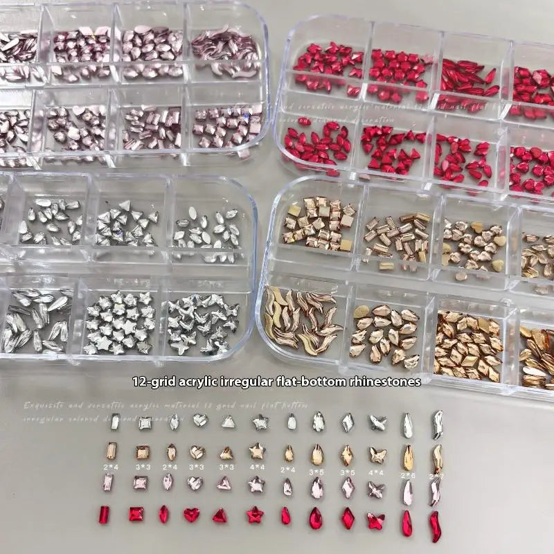 12-Grid Nail Rhinestones | Flat-Bottom Diamond Gems 50pc Set Nail Art Rhinestones QXL