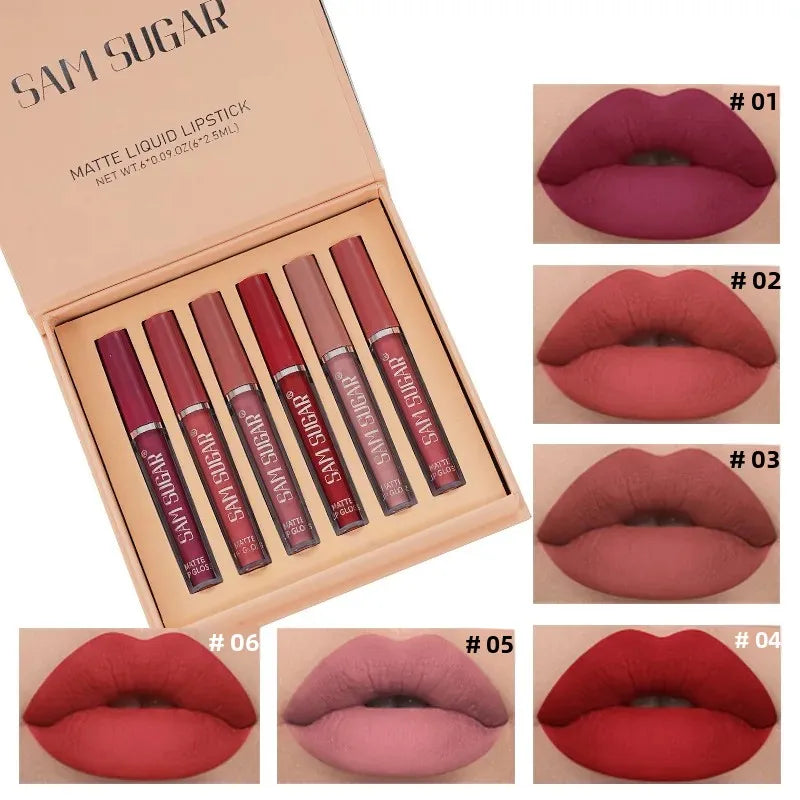 SAM SUGAR 6-Pc Matte Liquid Lipstick Set – Waterproof 24Hr Wear Liquid Lipstick Set QXL