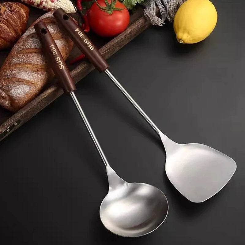 Stainless Steel Wok Spatula & Ladle – Wooden Handle Set Kitchen Utensil Set QXL