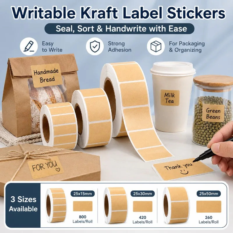 Writable Kraft Label Sticker Roll | Self-Adhesive Paper Tags Self-Adhesive Label Roll QXL
