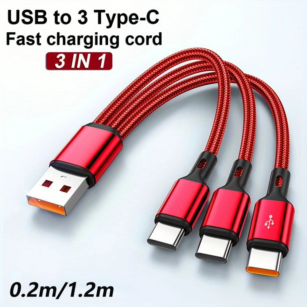 3-in-1 USB-A to USB-C Cable 100W 6A Fast Charging & Data Sync USB-C Charging Cable QXL