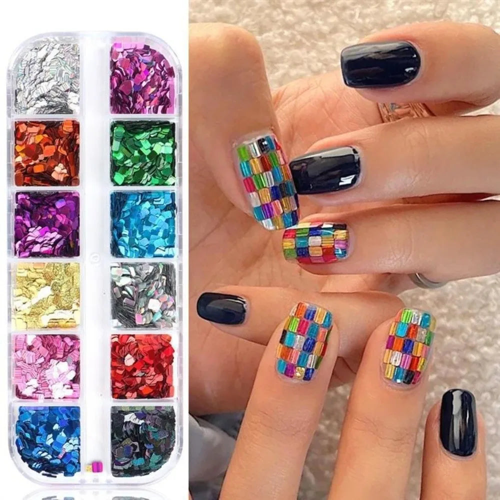 12-Grid Holographic Nail Glitter Sequins – Square Flakes Nail Art Sequins QXL