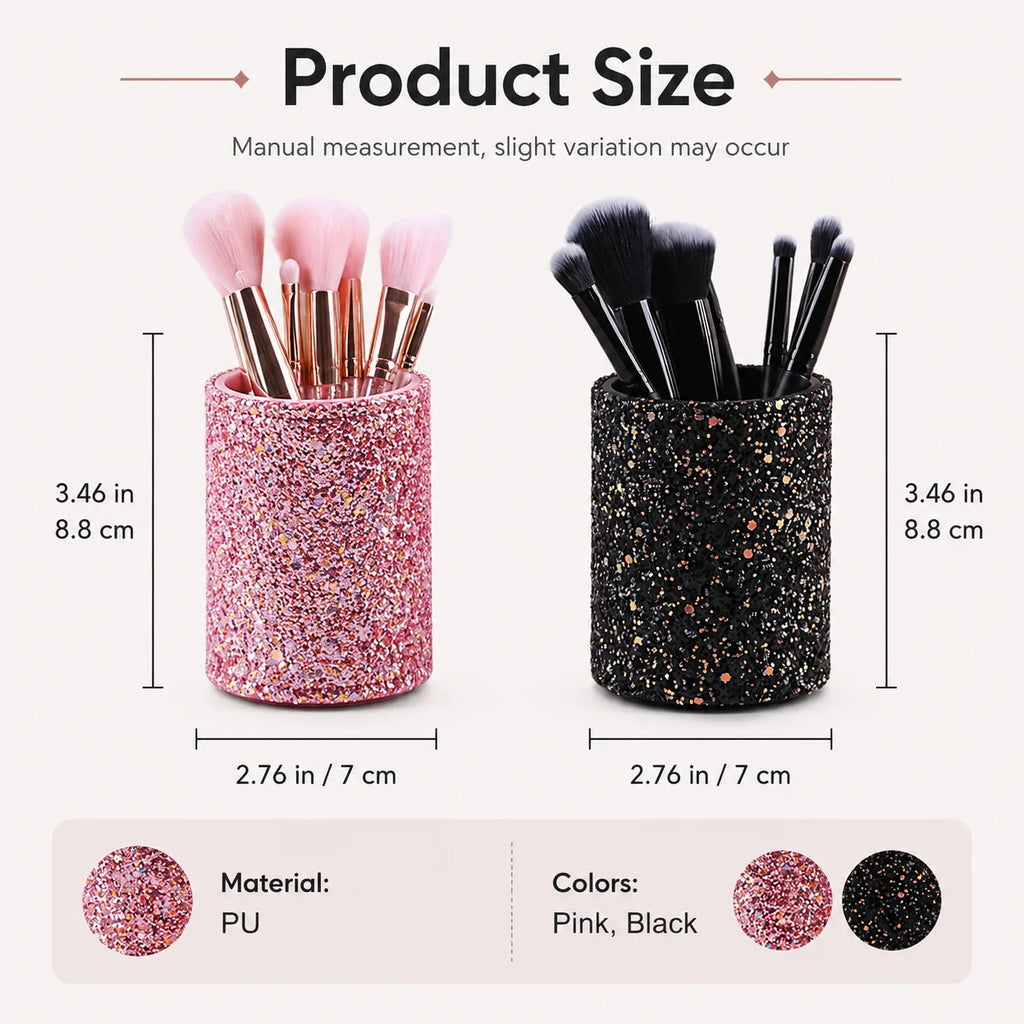 Glitter Makeup Brush Holder PU Organizer Cup | Pink & Black Makeup Brush Holder QXL