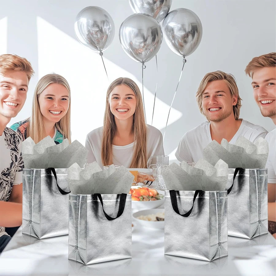 Silver Metallic Gift Bags with Handles | 8 & 16-Pack 10x4x8in Metallic Gift Bags QXL