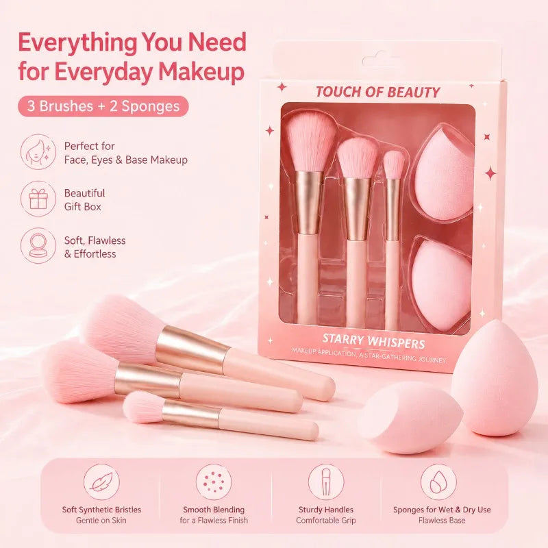 5-Pc Pink Makeup Brush & Sponge Set – Brushes & Blenders Makeup Brush Set QXL