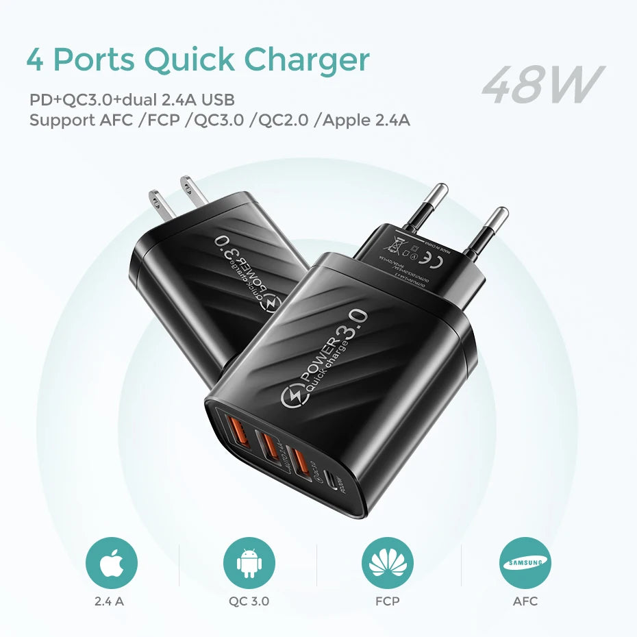 48W USB-C PD & USB-A Fast Wall Charger | EU/US/UK Plug Fast Wall Charger QXL