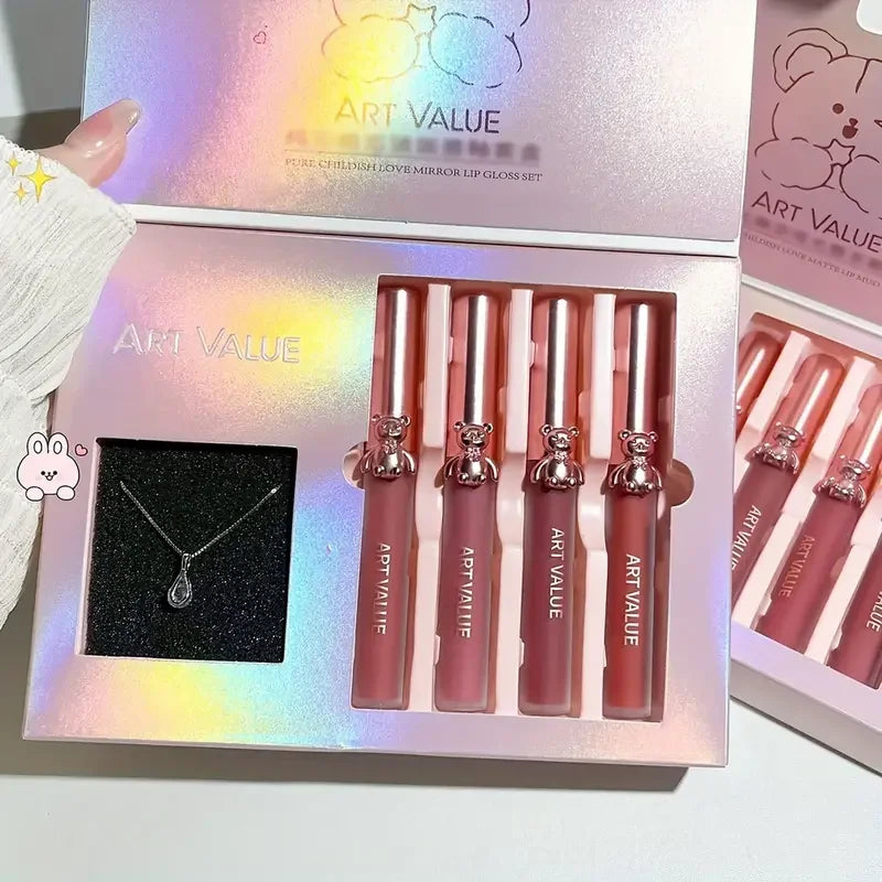 VERONNI Bear Lip Glaze & Necklace Gift Set | 4-Pc Matte Mirror Lip Glaze Gift Set QXL