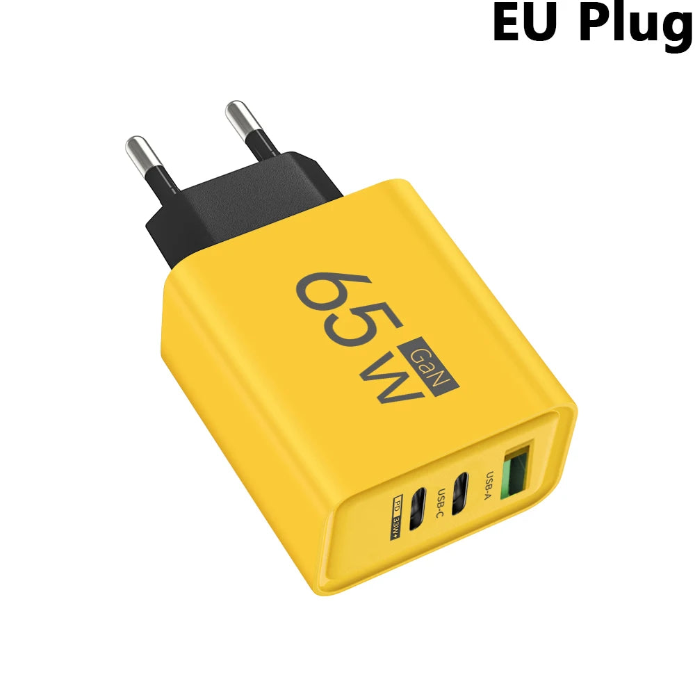 65W GaN 3-Port Fast Charger USB-C PD3.0 QC3.0 EU/US/KR GaN Wall Charger QXL Yellow EU
