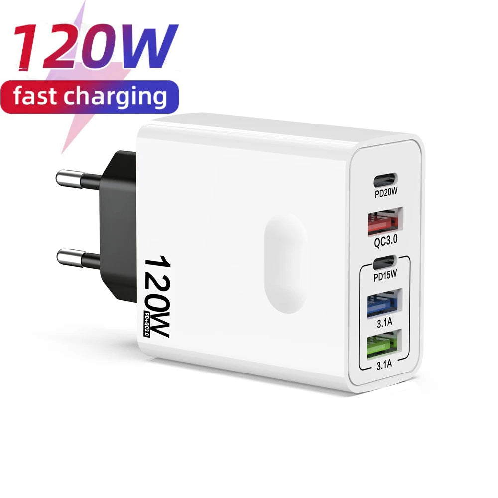 120W 5-Port USB-C Fast Charger PD Quick Charge 3.0 Wall Plug USB-C Wall Charger QXL