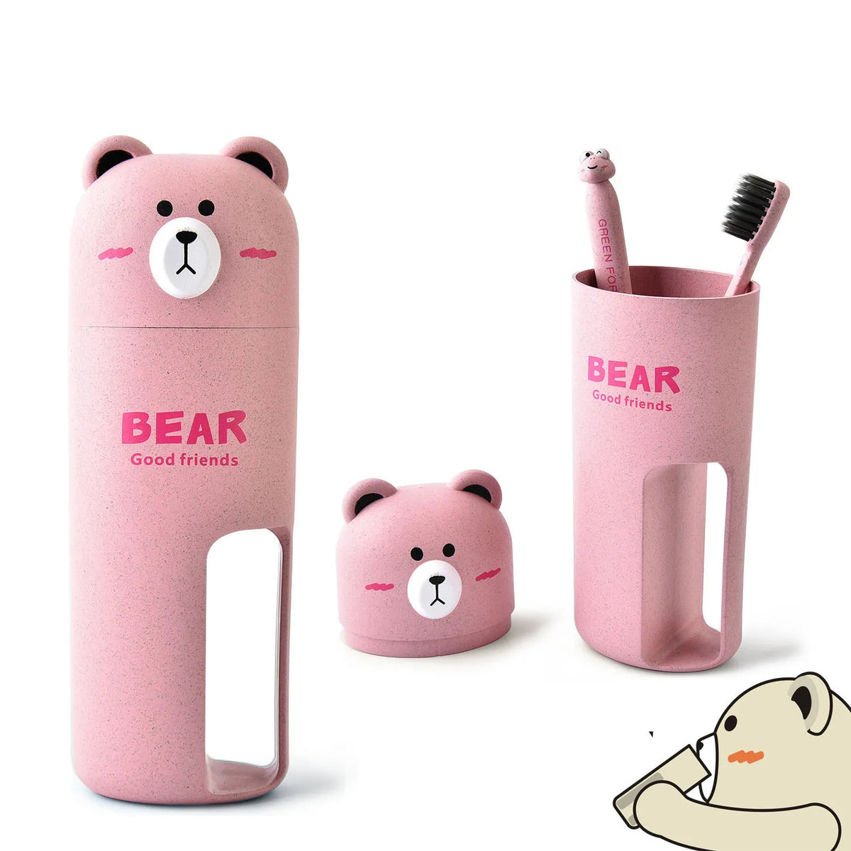 Bear Travel Toiletry Kit | Eco Wheat Toothbrush & Cup Set Travel Toiletry Kit QXL Pink 2Brushes xCups