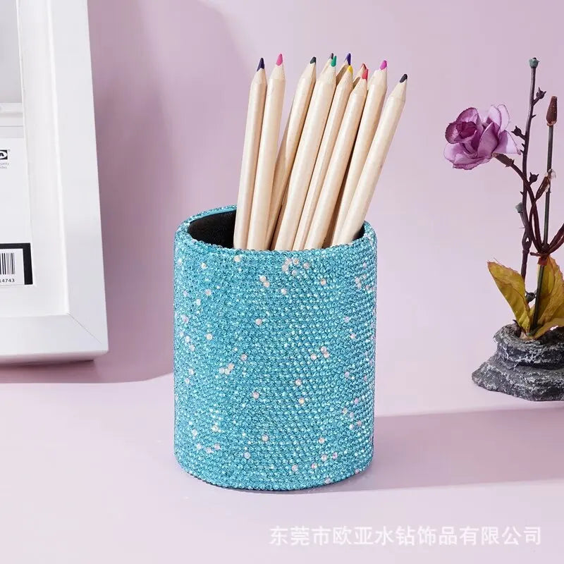 Diamond-Encrusted Round Makeup Brush Holder & Desk Organizer Desk Storage Organizer QXL