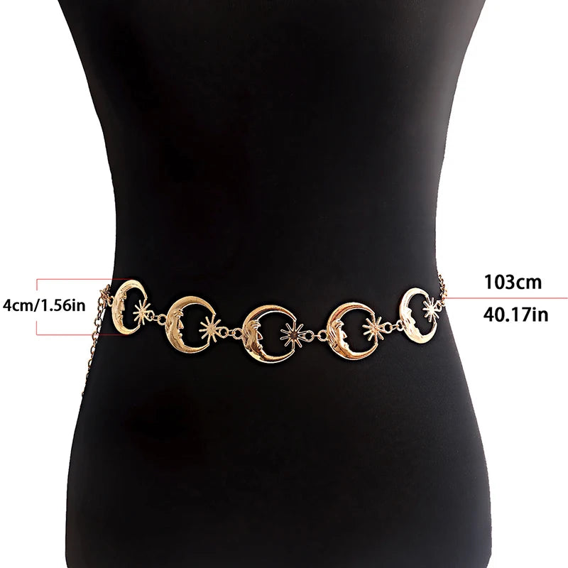 Punk Gothic Moon Sun Metal Waist Chain Belt | Women Silver Metal Waist Chain Belt QXL