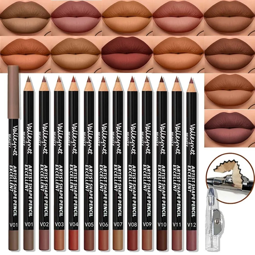 13-Pc Matte Lip Liner Kit | 12 Pencils & Sharpener Set Lip Liner Set QXL