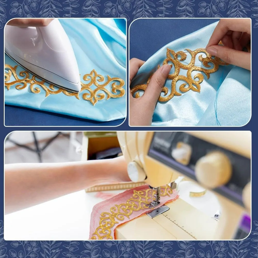 Iron-On Gold Embroidery Lace Trim 4.37 Yds | Floral Metallic Embroidery Lace Trim QXL