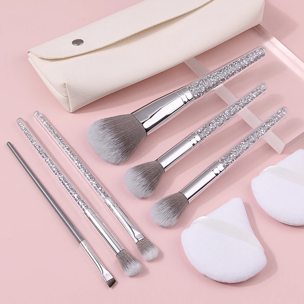 KOSSHOW 9-Piece Makeup Brush Kit with PU Pouch | Silver Makeup Brush Set QXL