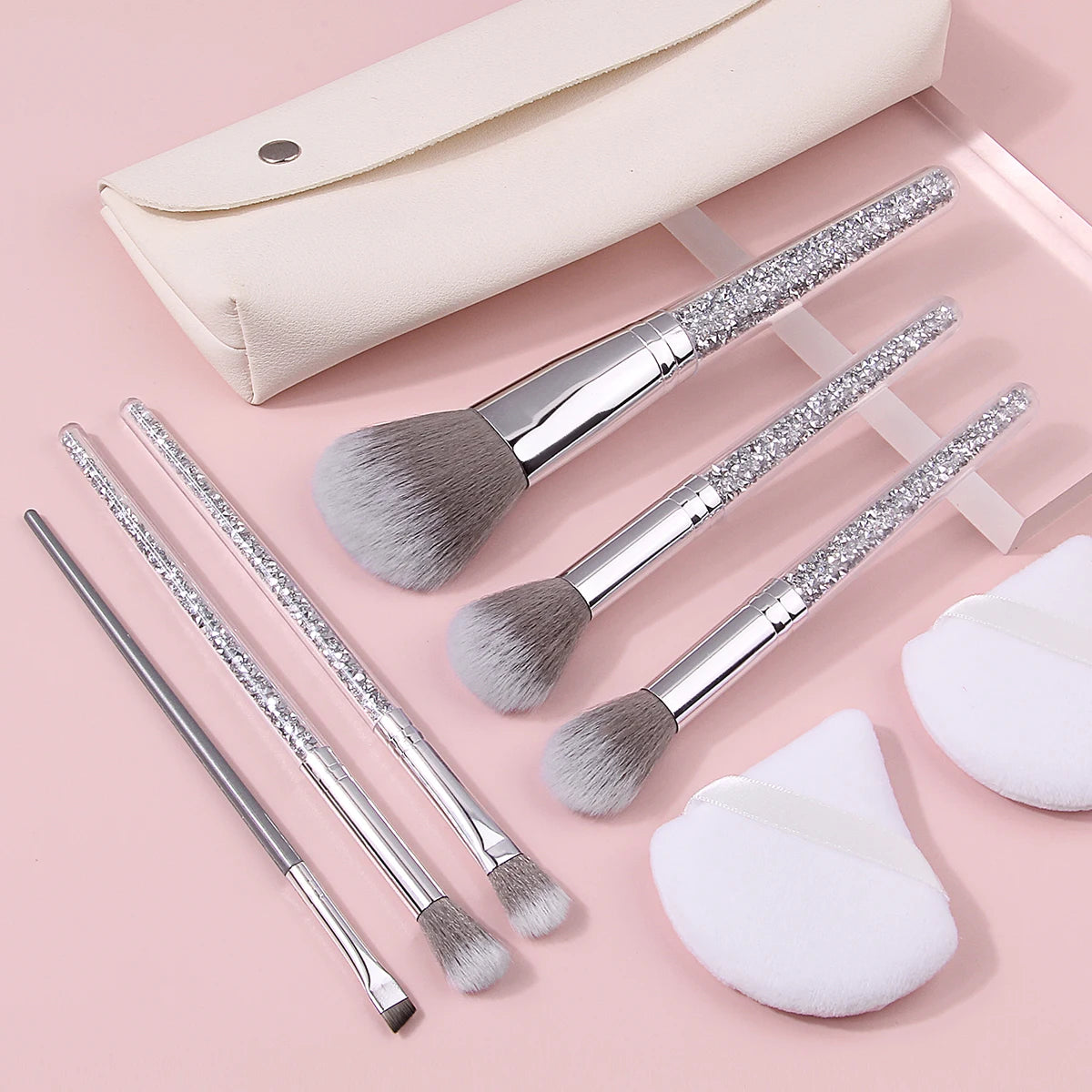 KOSSHOW 9-Piece Makeup Brush Kit with PU Pouch | Silver Makeup Brush Set QXL