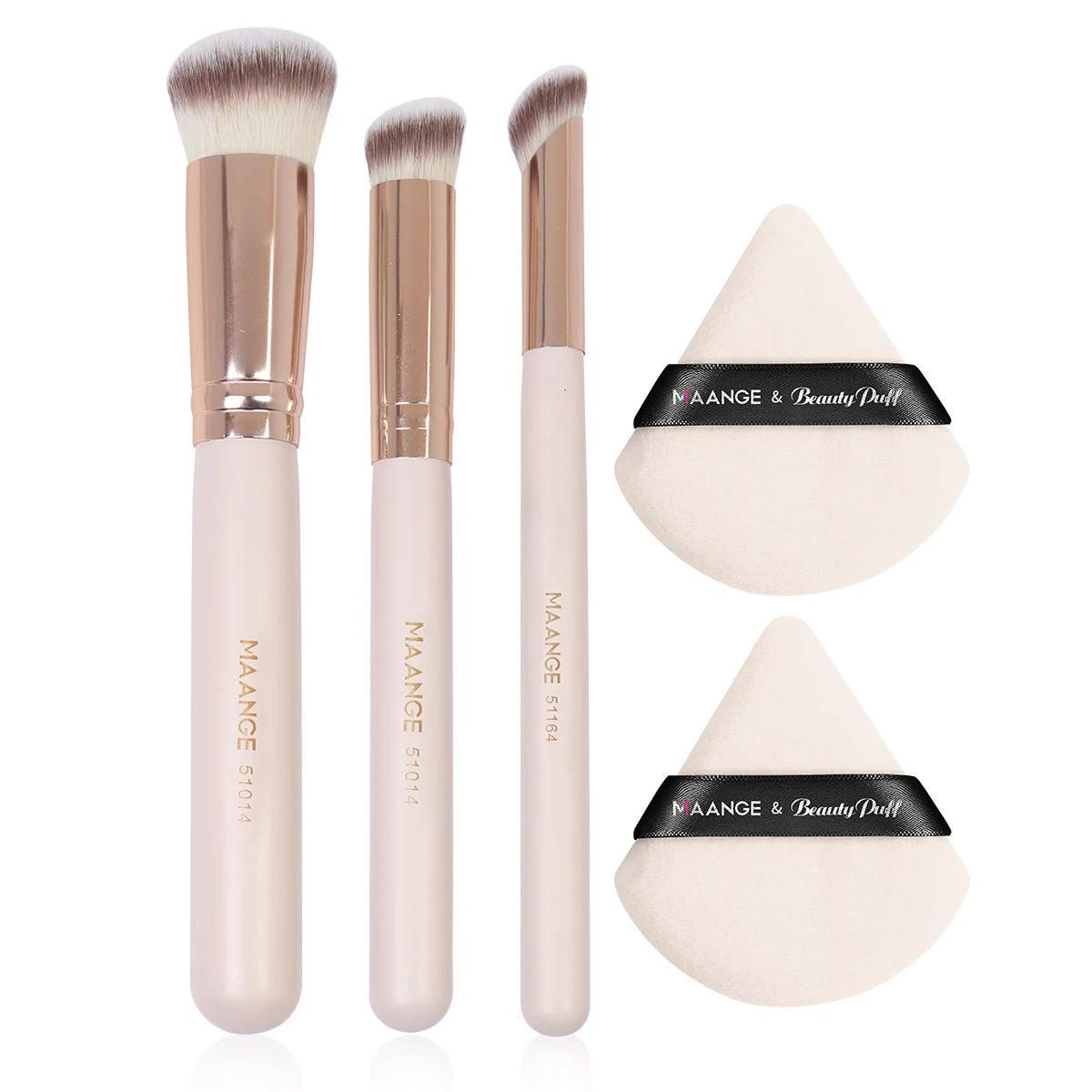 MAANGE 5-Pc Makeup Brush & Triangle Powder Puff Set Makeup Brush Set QXL Apricot