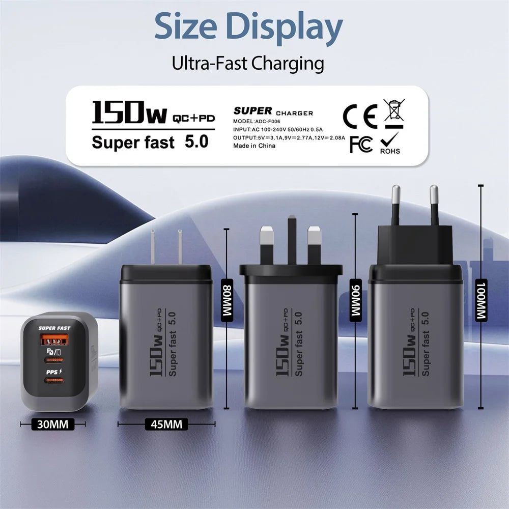 150W 3-in-1 USB-C PD Fast Charger | QC3.0 EU US UK Travel USB-C Wall Charger QXL
