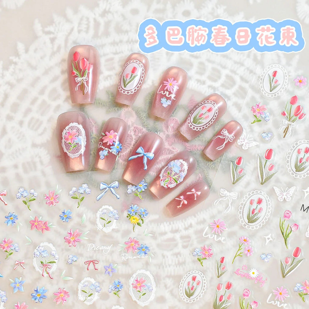 5D Embroidery Floral Nail Stickers | Tulip & Lace Decals Nail Art Stickers QXL