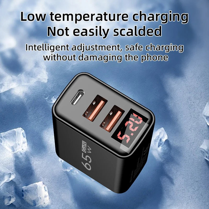 65W GaN USB-C Charger LED Display QC3.0 PD | EU US UK Plug USB-C Wall Charger QXL