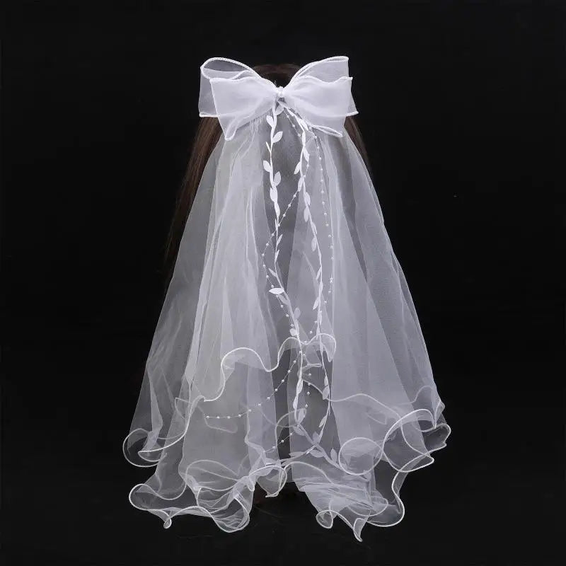 Two-Layer Tulle Wedding Veil | Bow & Lace Edge Bridal Veil Bridal Veil QXL