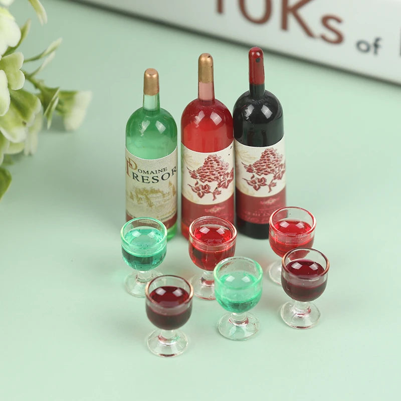 3-Pc 1/12 Dollhouse Miniature Wine Bottle & Glass Set Dollhouse Miniature Set QXL
