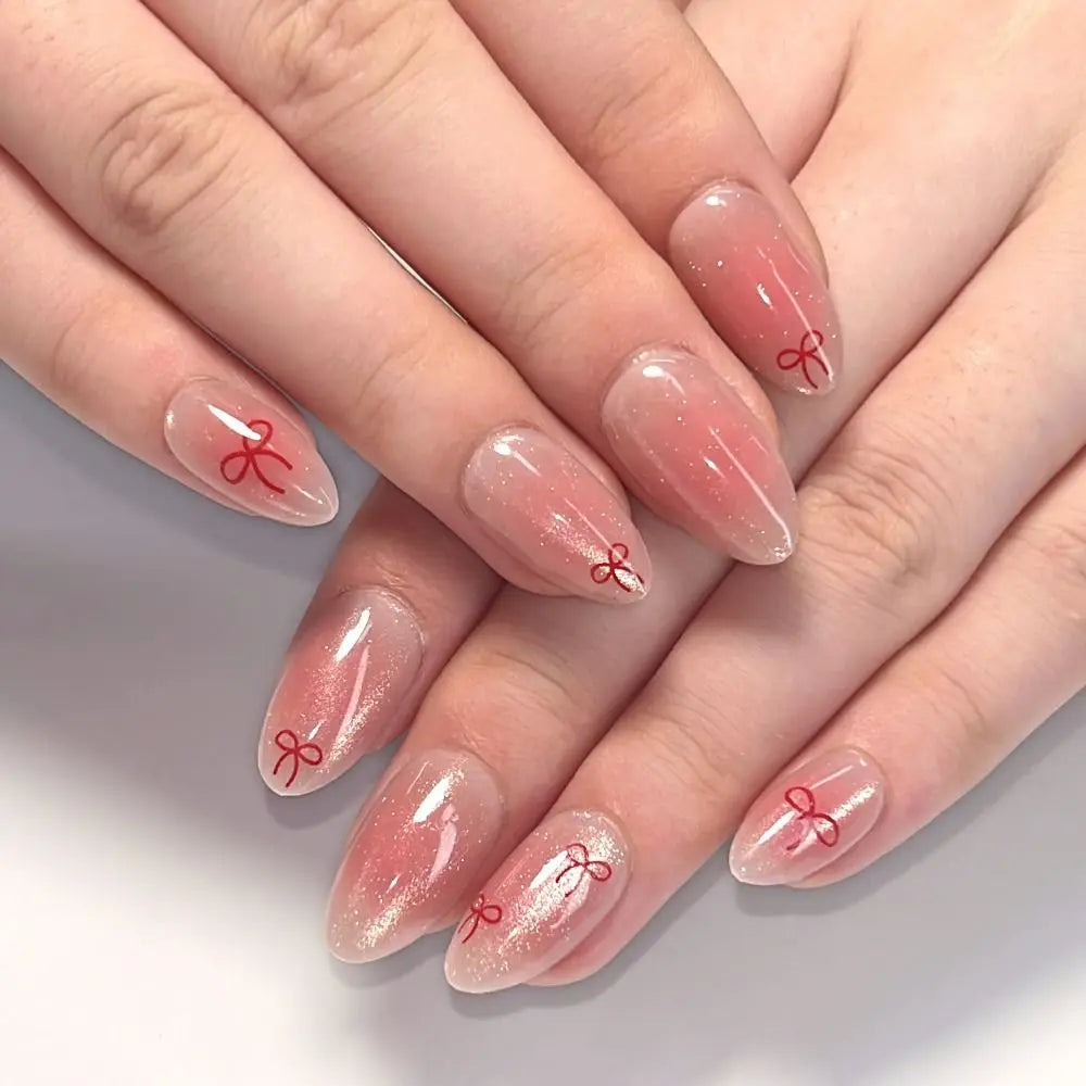 24-Pack Pink Almond Stiletto Fake Nails | Pearl Bow Press-Ons Press-On Nail Set QXL