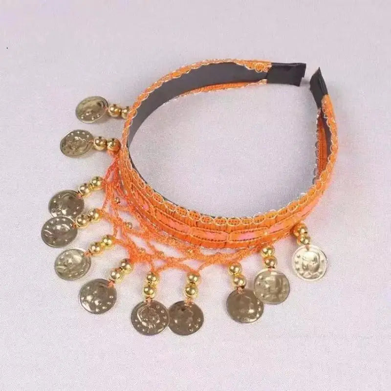 Ethnic Belly Dance Headband | Red Sequin Coin Fringe Headpiece Dance Headband QXL Orange