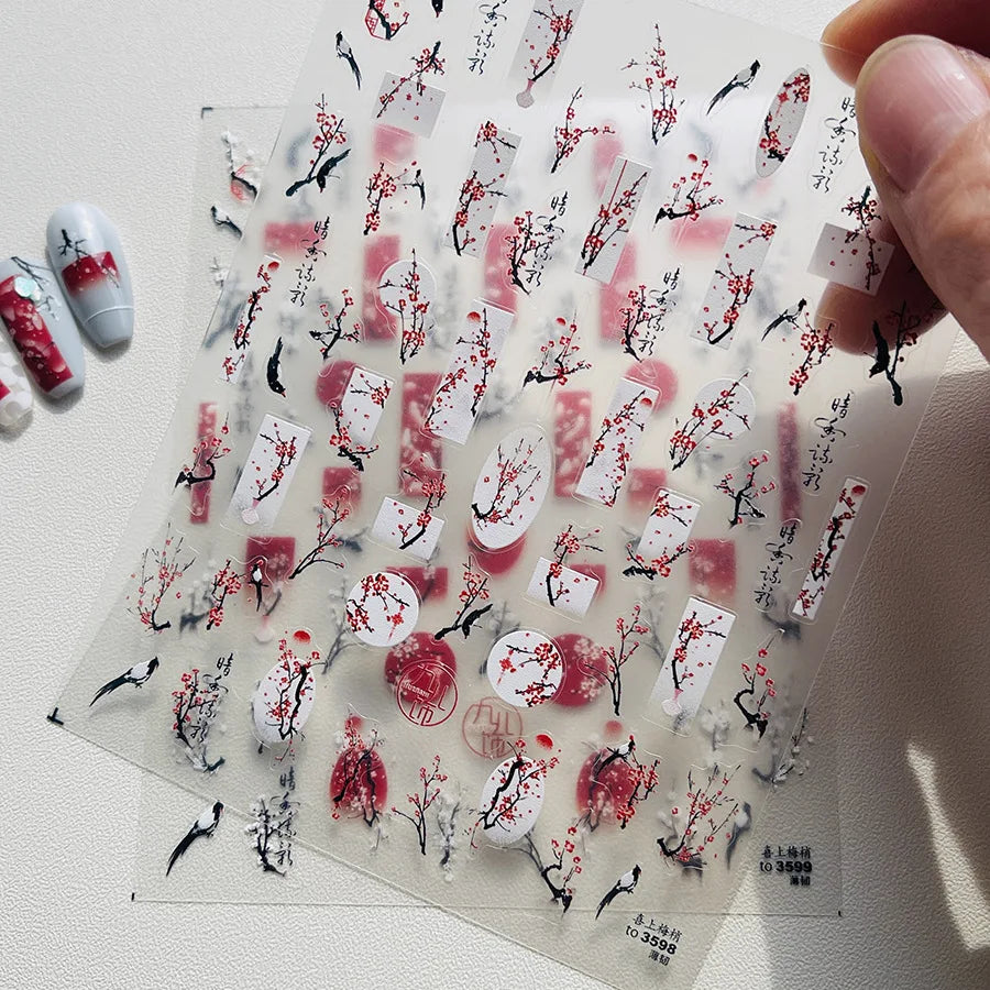 5D Plum Blossom Nail Stickers | Self-Adhesive Floral Decals Nail Art Stickers QXL
