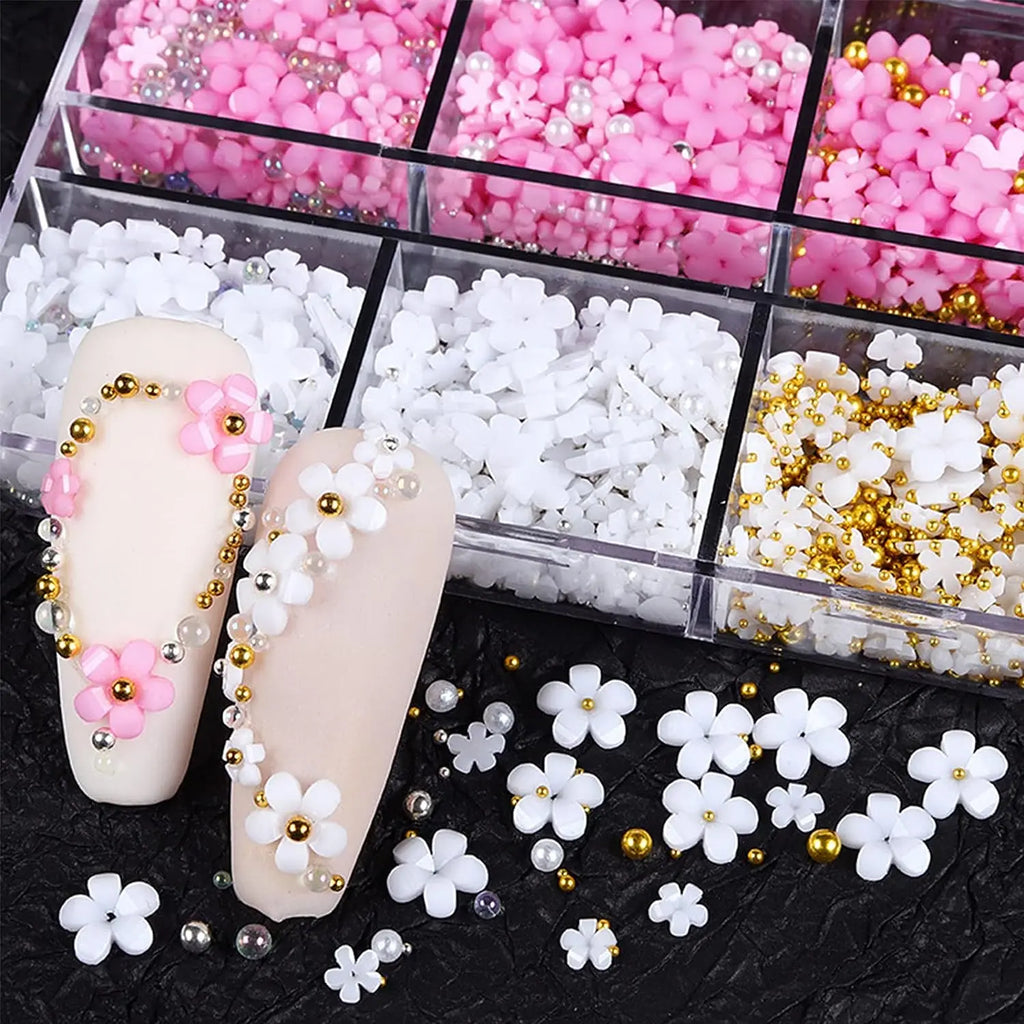3D Flower Nail Art Charms – Kawaii Resin Pink & White Set 3D Nail Art Charms QXL