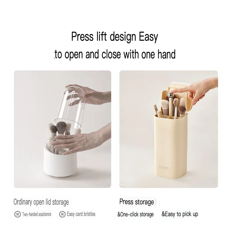 Dust-Proof Makeup Brush Holder Cylinder | Press-Lid Desktop Makeup Brush Holder QXL