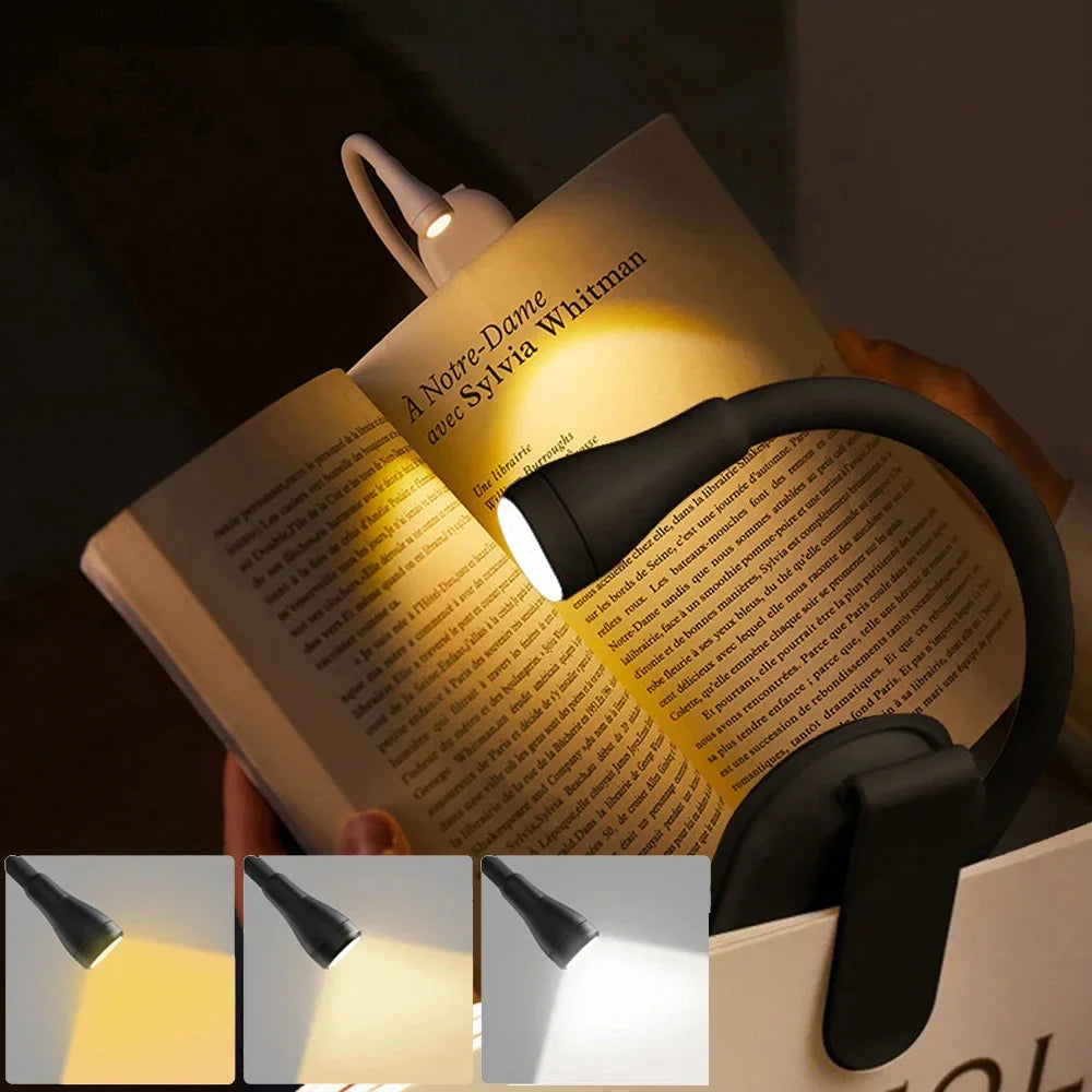 Rechargeable 3-Color Mini LED Clip Book Light | 360° Flex Neck Clip-On Book Light QXL black