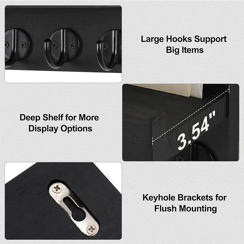 Wooden Wall-Mounted Rack with 5 Hooks | Key, Hat & Bag Holder Wall Hook Rack QXL