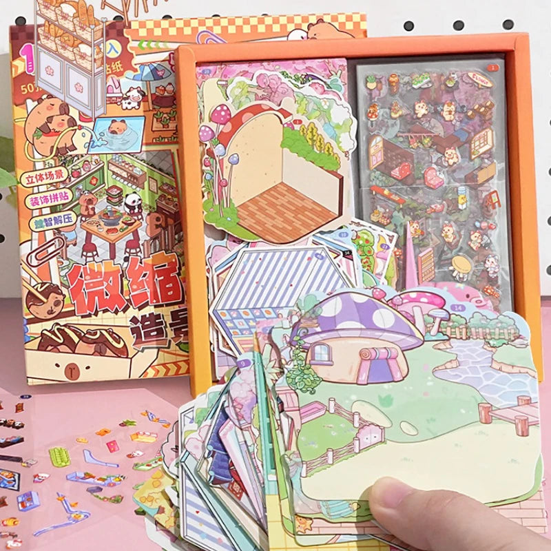 50-Style 3D Miniature House Stickers | Kids DIY Scrapbooking Craft Sticker Kit QXL