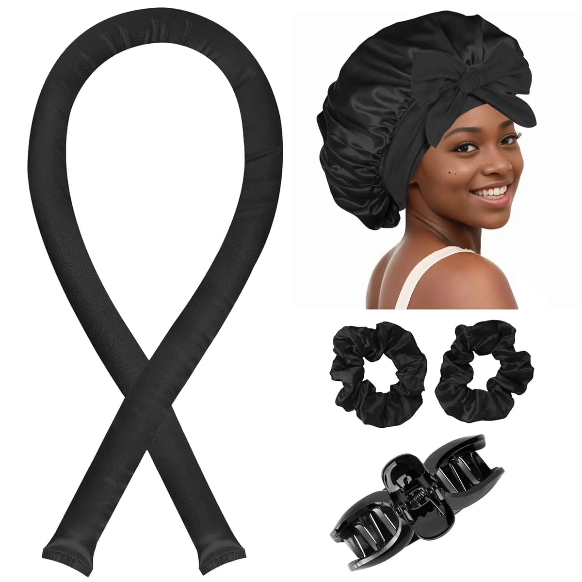 Heatless Hair Curler & Satin Sleep Cap Set | Foam Roller Kit Heatless Hair Curler Set QXL Black