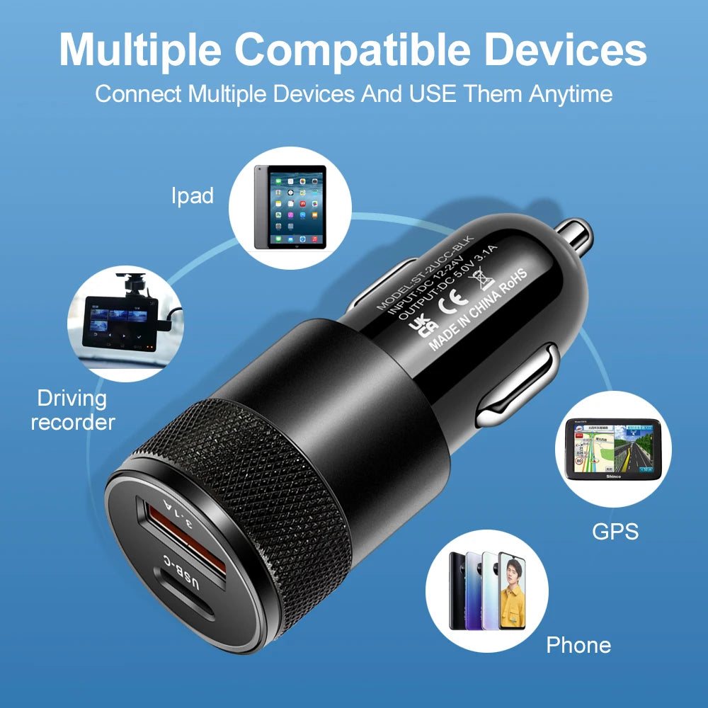 70W Car USB-C & USB-A Fast Charger Adapter | PD Quick Charge Car Charger Adapter QXL