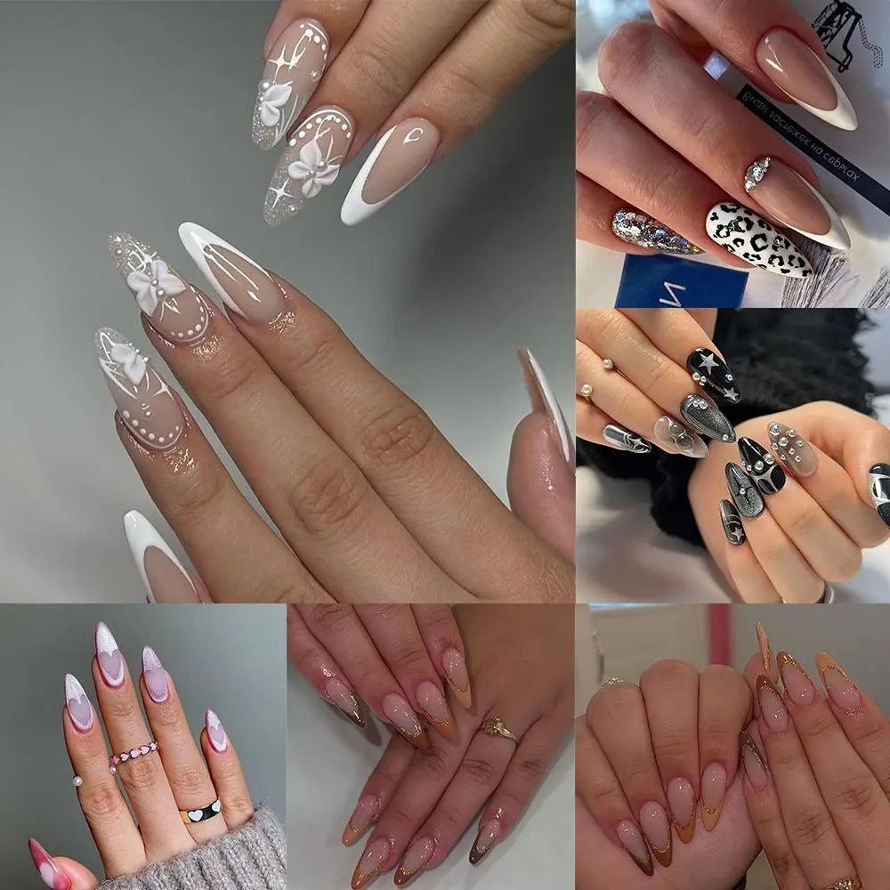 Long Almond Press-On Nails | 3D Bow Heart Y2K French Tips 24pc Press-On Nail Tips QXL