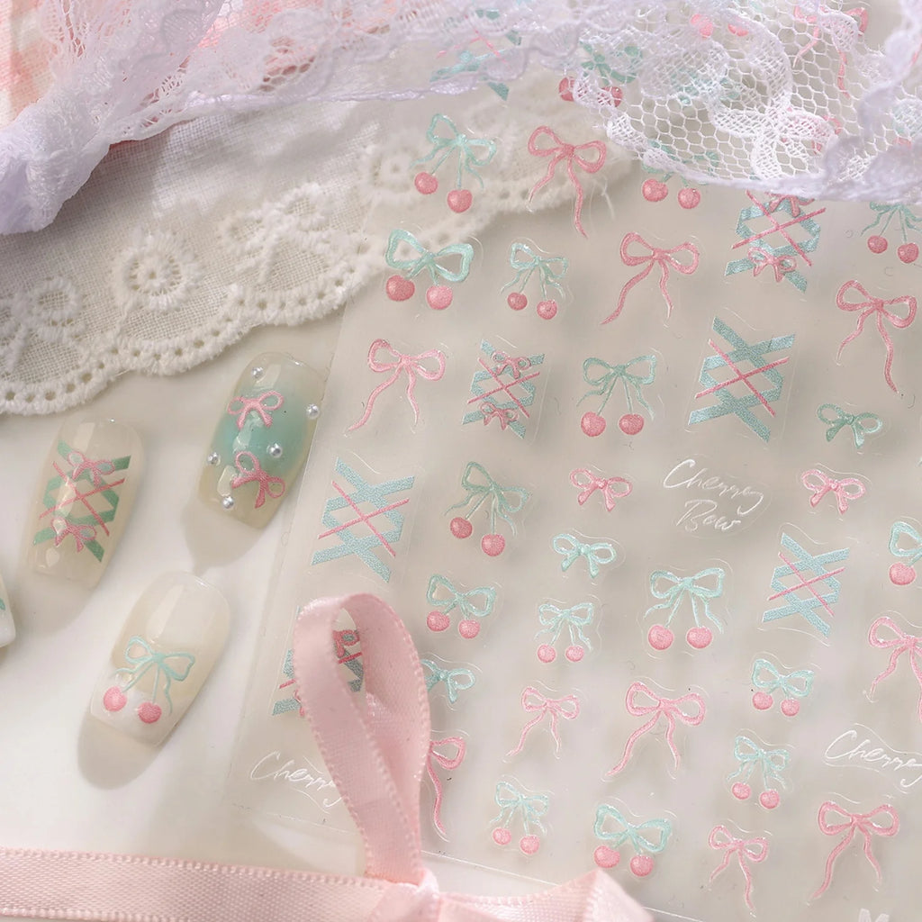 5D Cherry Bow Nail Stickers | Pink Blue Plaid Self-Adhesive Nail Art Stickers QXL