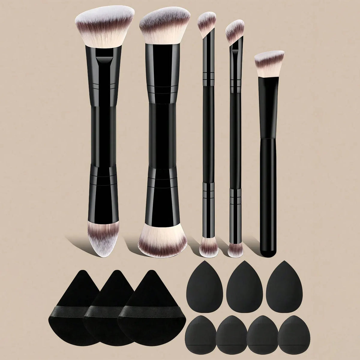 LUXEBLEND Makeup Brush Set with Sponges & Puffs | 5–15 Pc Makeup Brush Set QXL 15pcs