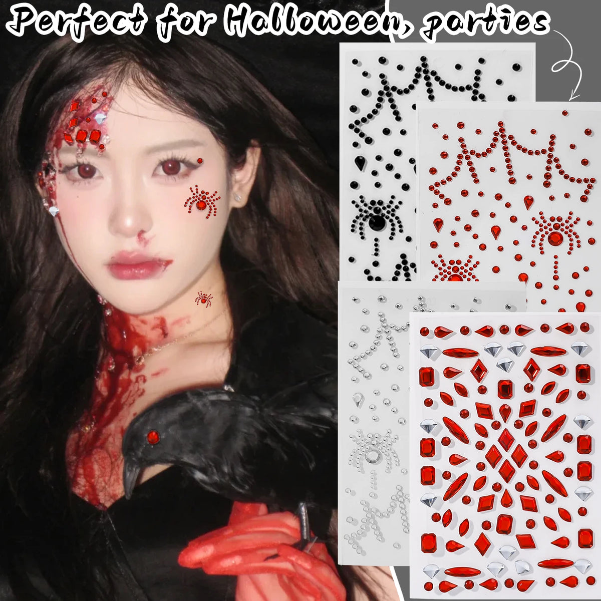 3D Halloween Spider Face Gems & Rhinestone Body Stickers Face Gem Stickers QXL