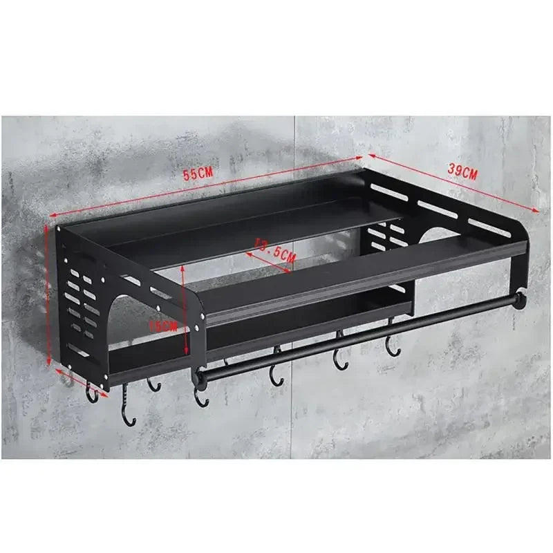 2-Tier Wall-Mount Aluminum Microwave Rack with Hooks Kitchen Wall Rack QXL