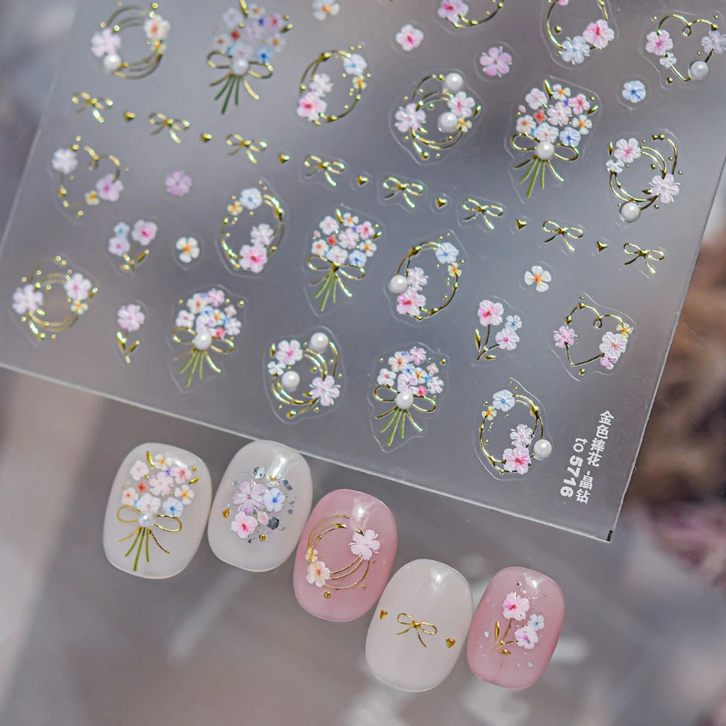 5D Gold Foil Floral Nail Stickers | French Bouquet Decals Nail Art Stickers QXL