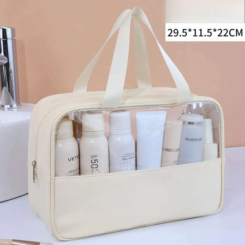 Large Transparent Travel Cosmetic Bag – Waterproof PVC Makeup Travel Cosmetic Bag QXL Beige L